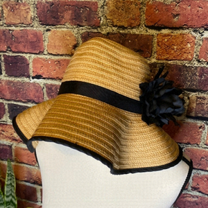 Wide Brim Natural Floppy Sun Hat with Black Ribbon & Flower Design One Size